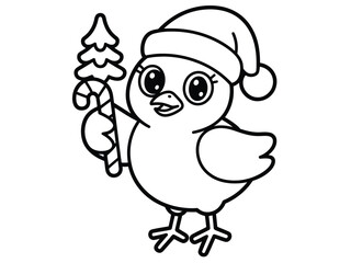 Naklejka premium A cute cartoon chick wearing a Santa hat holds a candy cane and a small Christmas tree.