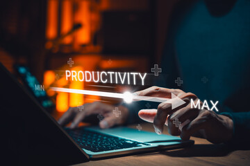 Increasing Productivity and Efficiency Concept. Businessman adjusting virtual slider from min to max, process to increase productivity and efficient. progress and optimization in business operations.