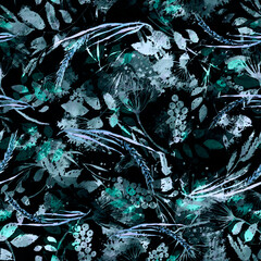 Vintage seamless watercolor pattern of plants, Herbs, flowers, poppy, rose, crocus, spike, cereal, wheat, dandelion.green, white flowers watercolor. stylish pattern. Abstract paint splash.Floral print