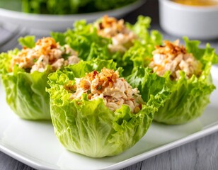 Several lettuce wraps filled with a creamy, chicken salad mixture. The wraps are arranged on a white plate, and a small dish of sauce is visible in the background.