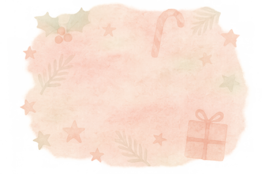 Watercolor christmas frame featuring a soft pastel pink background with holly, stars, candy cane, and a gift, transparent background