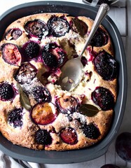 A baked plum cake in a square baking dish. A silver spoon is resting in the cake, which has a dusting of powdered sugar.