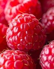 A close-up of several ripe raspberries. The raspberries are a vibrant red color and appear fresh.