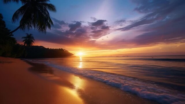 Sunset Serenity at Tropical Beach: A breathtaking sunset paints the sky with vibrant hues, as gentle waves caress a tranquil sandy shore, palms silhouettes adds to the tropical beauty.