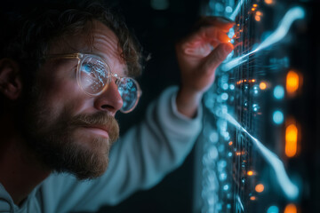 Technician inspects intricate server rack in a dimly lit data center