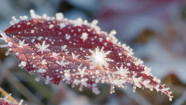 Close up of a frost covered red leaf in winter.