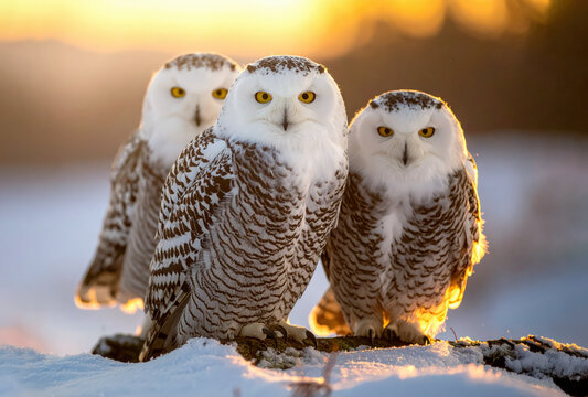Three snowy owls stand together on a snowy landscape at sunrise, their white plumage glowing in golden light. - Powered by Adobe