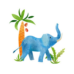 Composition cute elephant and palm. Isolated hand drawn watercolor illustration of african animal. For design baby shower, cards, posters, kid's rooms.