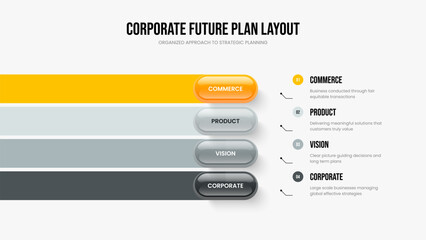 Consulting Launch 4 Element Diagram Presentation Layout. Business Analysis Four Step Infographic Frame Design. Creative Innovation Slide Template Vector Illustration.