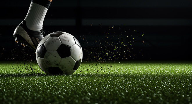 Close up of a soccer ball being kicked on a dark field