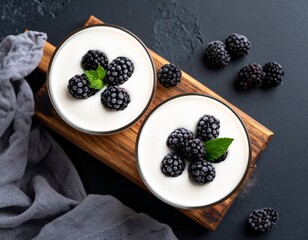 Two servings of a dessert, likely panna cotta or a similar creamy treat, garnished with blackberries and mint. It is presented on a wooden board with a dark background.