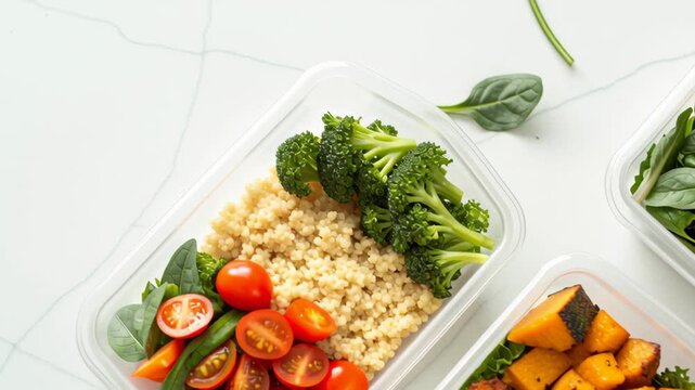 Plant-based meal prep. Healthy Meal Prep with Quinoa, Cherry Tomatoes, Broccoli, Spinach, and Roasted Squash Containers Vibrant and Nutritious Options