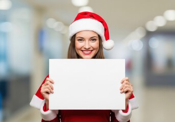 Smiling woman in Santa costume holding blank white sign for copy space