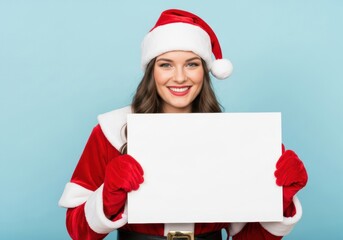 Smiling woman in Santa costume holding blank white sign for copy space on a grey background