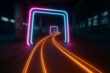Futuristic Neon Tunnel with Glowing Cyber Path