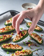 A tray of stuffed jalapeños, with a hand reaching in to grab one. The jalapeños are filled with a creamy mixture and topped with what appears to be bacon bits and green onions.