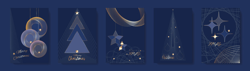 Merry Christmas set blue card, concepts for background, greeting card, party invitation, template, website banner, social media banner, marketing material. Festive Xmas decoration vector illustration