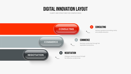 Company Growth 3 Option Diagram Slideshow Design. Project Showcase Three Element Infographic Slide Layout. Product Analysis Presentation Template Vector Illustration.