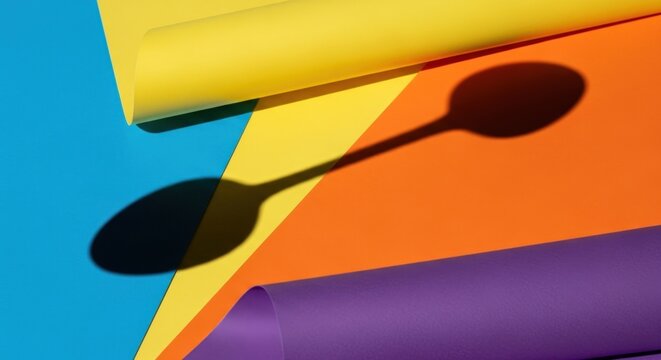 Overhead shot of a spoon shadow cast on colorful paper sheets, creating an abstract design