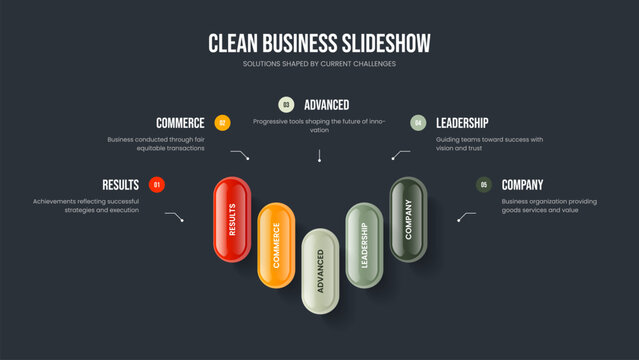 Visual Solution 5 Option Diagram Presentation Template. Market Portfolio Five Step Infographic Frame Design. Financial Proposal Slideshow Layout Vector Illustration.