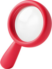 3D red magnifying glass isolated on transparent background, perfect for search or business concept visuals.