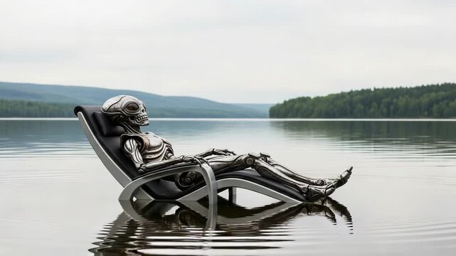 Alien relaxing on a lounge chair in the middle of a lake
