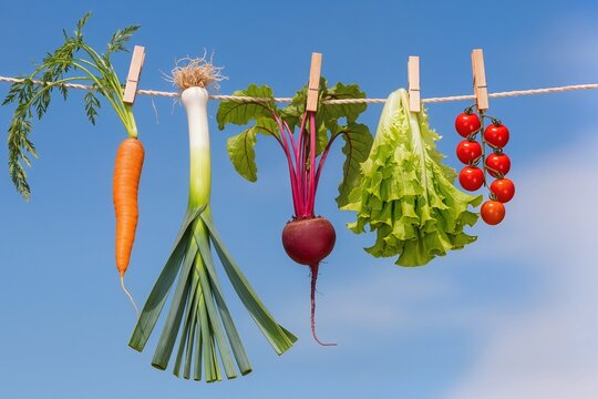 A clothesline with a blue sky in the background, with carrots, leeks, beets, a bunch of lettuce, and a sprig of cherry tomatoes hanging on clothespins