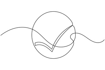 Obraz premium Approval check mark icon continuous one line drawing on white background minimalist tick symbol outline vector illustration