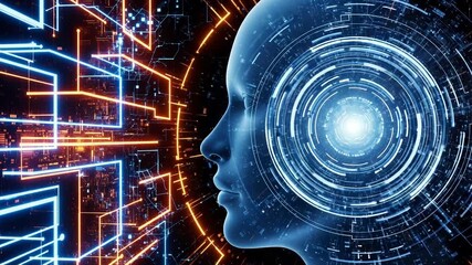 Digital brain with glowing circuits and a human profile - Powered by Adobe