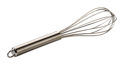 Metal whisk with subtle shadow, isolated transparent background, studio lighting reflection.