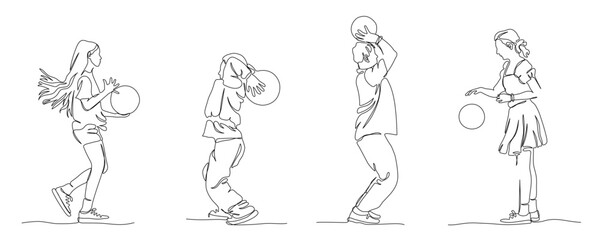 Children and teenagers playing ball. Basketball game. Continuous line drawing elements. Vector illustration in line art style. Editable stroke.