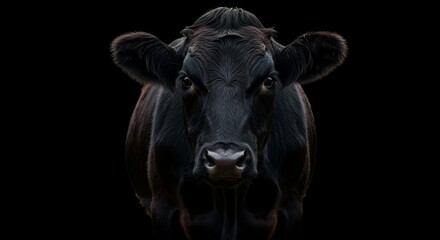 Naklejka premium Intense front-facing portrait of a majestic black angus cow against a dark background