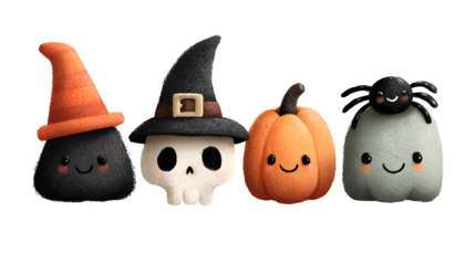 Adorable Halloween clipart set with witch hat, skull, spider, and pumpkin isolated on white background