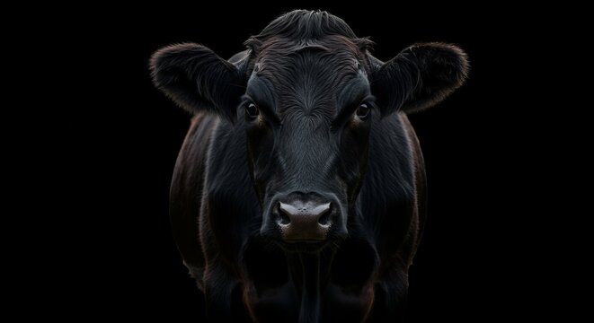 Intense front-facing portrait of a majestic black angus cow against a dark background