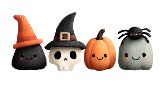 Adorable Halloween clipart set with witch hat, skull, spider, and pumpkin isolated on white background