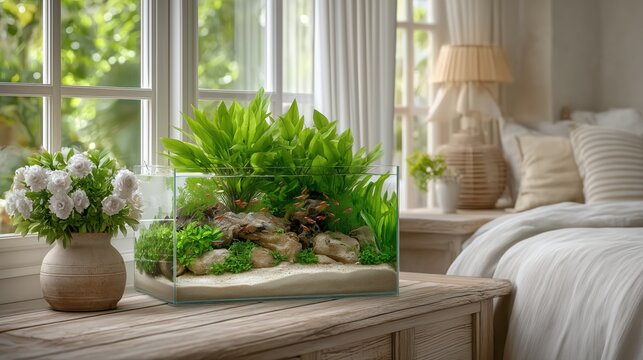 Japandi bedroom interior with medium glass aquarium on wooden console, neon tetras and dwarf gourami among driftwood and plants, calm minimalist scene photorealistic stock visuals.