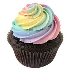 Realistic Chocolate Cupcake with Pastel Rainbow Frosting Swirl, Isolated on Transparent Background