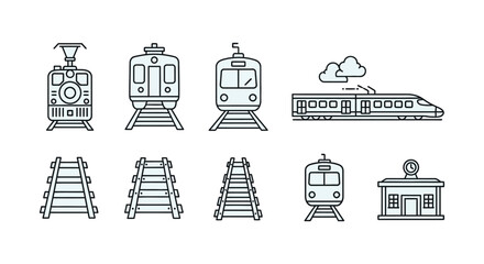 Various train designs and railway tracks