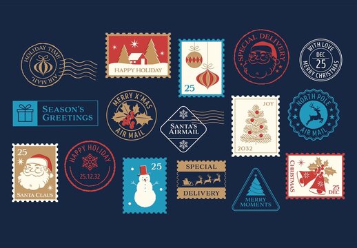Christmas Vintage Postage Stamp Vector Illustrations, Festive Travel Stickers, Graphics & Elements