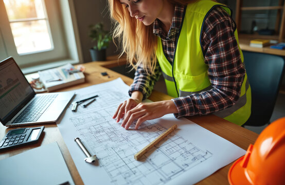 Woman architect studies blueprints on desk with laptop, calculator. Engineer wears safety vest, works on building project. Female plans sustainable infrastructure, clean energy solutions for