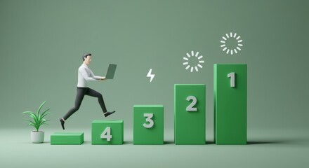 3d character with laptop ascending green bar graph steps, symbolizing progress, business growth, and efficient task achievement