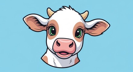 Fototapeta premium Cute cartoon baby cow head illustration with green eyes on blue background