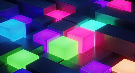 Vibrant glowing cubes illuminate a modern, abstract digital landscape with futuristic energy