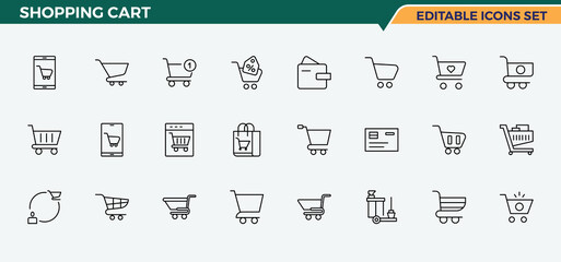 Set of Shopping Cart line icon. Includes thin line symbols sell, cart, purchase, sale, commerce, e-commerce and more. Cart icon set. Trendy minimal icons. Editable stroke vector art.