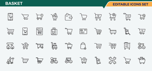 Basket line icon set. Contain linear symbols buy, shopping cart, commerce, bag, store and more. Cart related icon set. Perfect for logos and infographic. Editable stroke. Vector illustration.