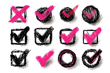 Hand Drawn Check Mark & X Icon Set - Sketch Doodle Tick Box Vector Illustration
