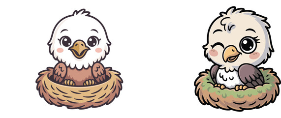 Set of Two Cute Baby Eagle Hatchling Characters Sitting in Nest Vector Illustration