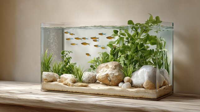 Aquarium fish home illustration of realistic freshwater tank with neon tetras, minimal aquascape, fine sand, soft plants, modern composition for interior decor and professional stock visuals.
