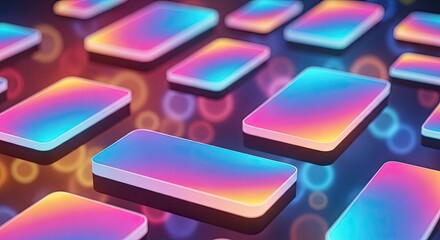 Vibrant gradient screens glow with futuristic digital technology and abstract bokeh lights