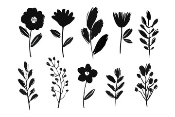 Hand Drawn Flower Brush Vector Set - Doodle Floral Leaf & Abstract Botanical Silhouettes